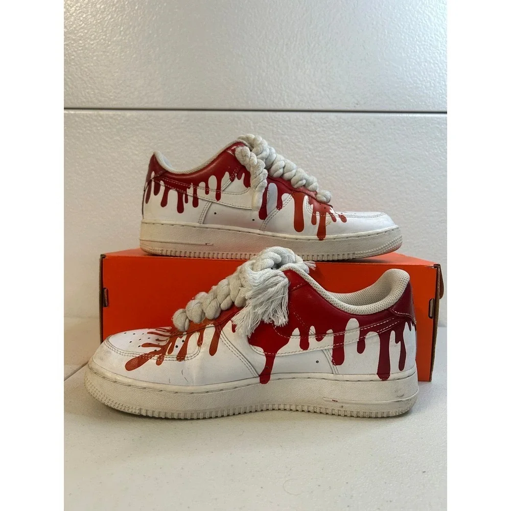 Nike Air Force 1 Low Custom Blood Drip Rope Laces White Red Mens 8.5 #2537